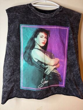 Selena Graphic Sleeveless Tee Vintage Style Black Acid Wash Shirt Size M